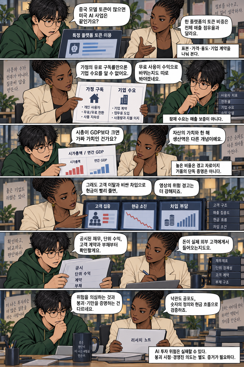 Six panels distinguishing platform token use from total revenue share, household subscriptions from enterprise demand, and market capitalization from annual output, while examining actual risks from customer concentration, borrowing, and cash flow.