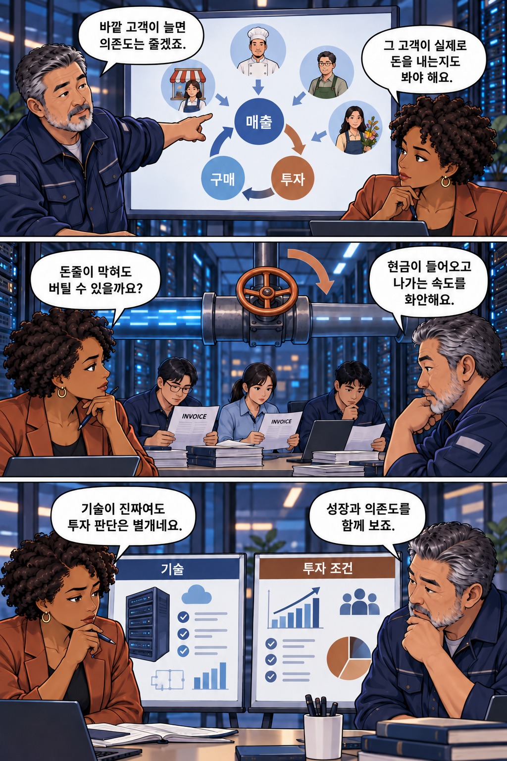 데이터센터의 재무 담당자와 엔지니어가 실제 고객과 투자금을 구분하는 이야기, 후반 3컷. 실존 인물이나 사건을 재현한 것이 아닙니다.