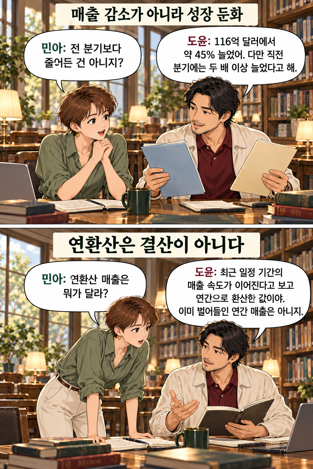 같은 편집용 두 인물이 서류와 노트를 비교하는 두 컷. 매출 증가와 성장률 둔화를 구분한 뒤 연환산이 최근 일정 기간의 매출 속도를 연간으로 환산한 값이지 이미 실현된 연간 매출은 아니라는 점을 설명한다.