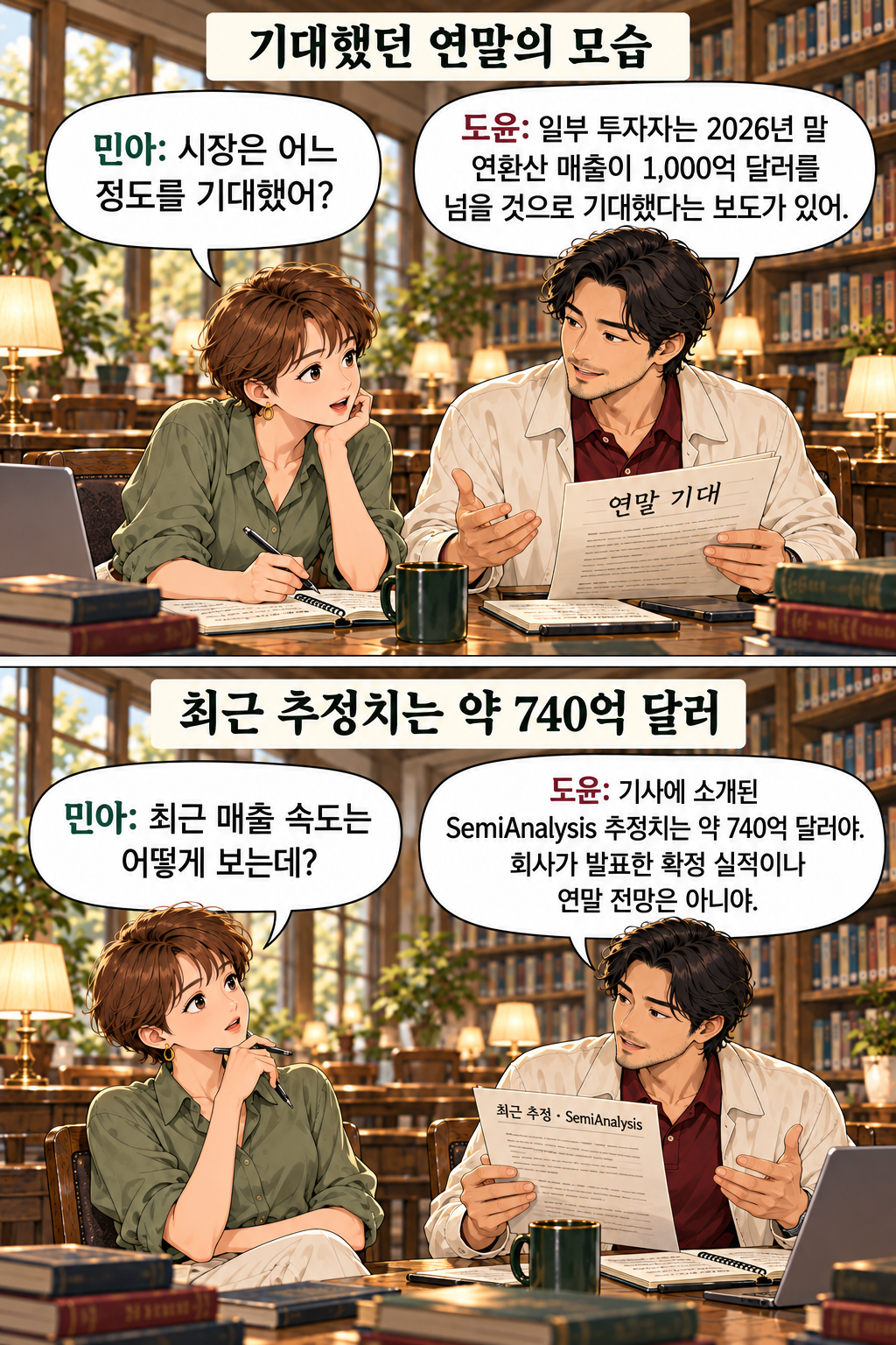 민아와 도윤이 연말 기대와 최근 추정이라고 각각 표시된 서류를 보는 두 컷. 일부 투자자의 연말 연환산 매출 기대와 기사에 소개된 외부 추정의 시점·주체를 구분하며 회사의 확정 실적이나 공식 연말 전망으로 표현하지 않는다.