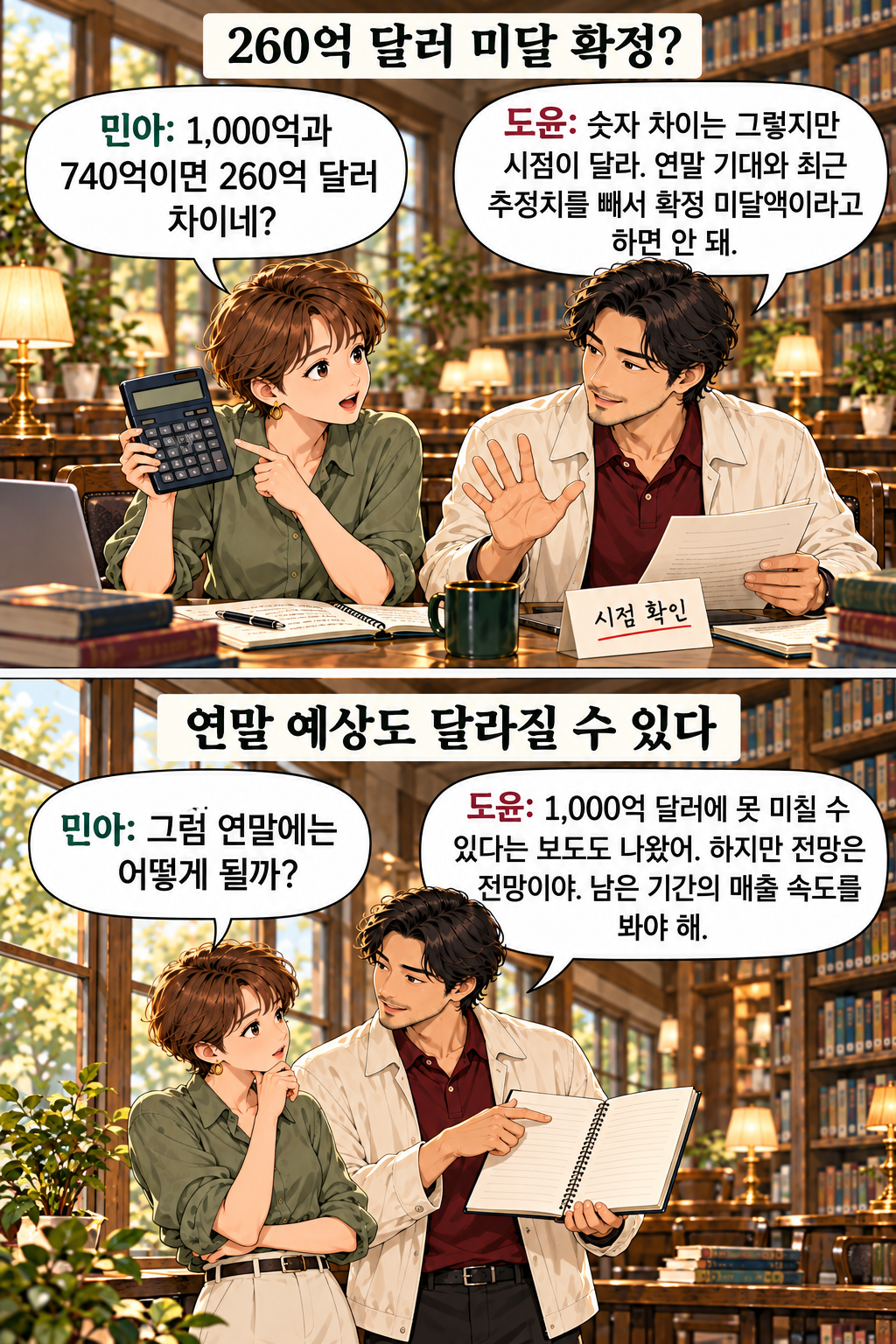민아가 계산기를 들고 도윤이 손을 들어 시점 확인을 제안하는 장면, 이어 창가에서 전망의 불확실성을 이야기하는 두 컷. 연말 기대와 최근 추정의 차이를 확정 미달액으로 취급하지 않고 남은 기간의 성장을 봐야 함을 설명한다.