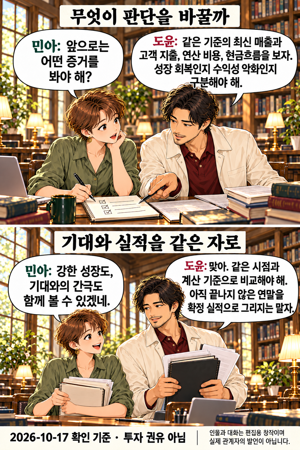 두 인물이 검토 목록을 적고 자료를 정리하는 두 컷. 동일 기준의 매출·고객 지출·연산 비용·현금흐름을 판단 조건으로 제시하고 아직 오지 않은 연말을 확정 실적으로 그리지 말자는 결론과 편집용 창작 안내를 남긴다.