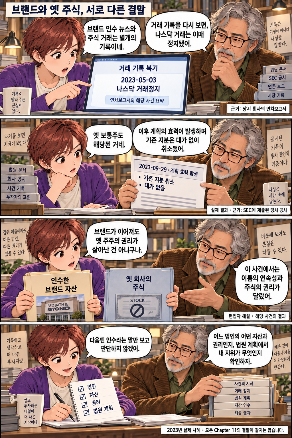 In four frames, the same editorial characters discuss the Nasdaq trading suspension, the plan becoming effective and existing equity being cancelled without consideration, the different outcomes for the brand and old shares, and questions about the legal entity, assets, rights and court plan. They explain an actual historical outcome without assuming that every bankruptcy ends the same way. These are not statements by actual participants.