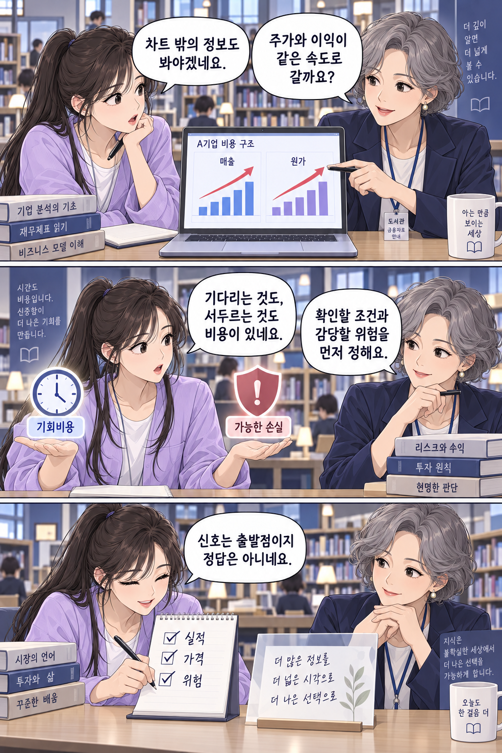도서관에서 첫 투자를 고민하는 직장인과 금융 사서의 이야기, 후반 3컷. 실존 인물이나 사건을 재현한 것이 아닙니다.
