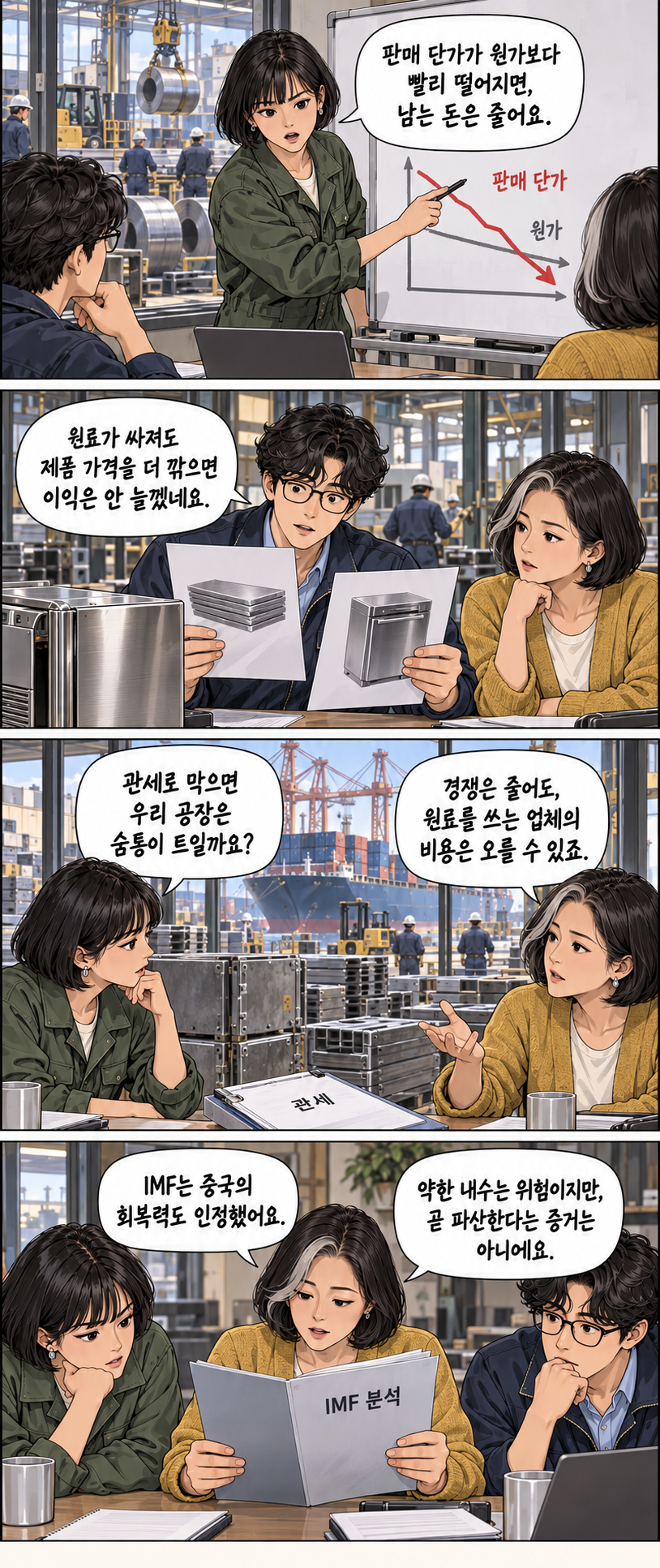 Seora compares the pace of declines in selling prices and costs, while Doyun considers how competition over product prices could erase savings on materials. After discussing how tariffs create different benefits and burdens across industries, Haejin examines both the IMF's assessment of China's resilience and the risks of weak domestic demand, without declaring bankruptcy imminent. Four panels.