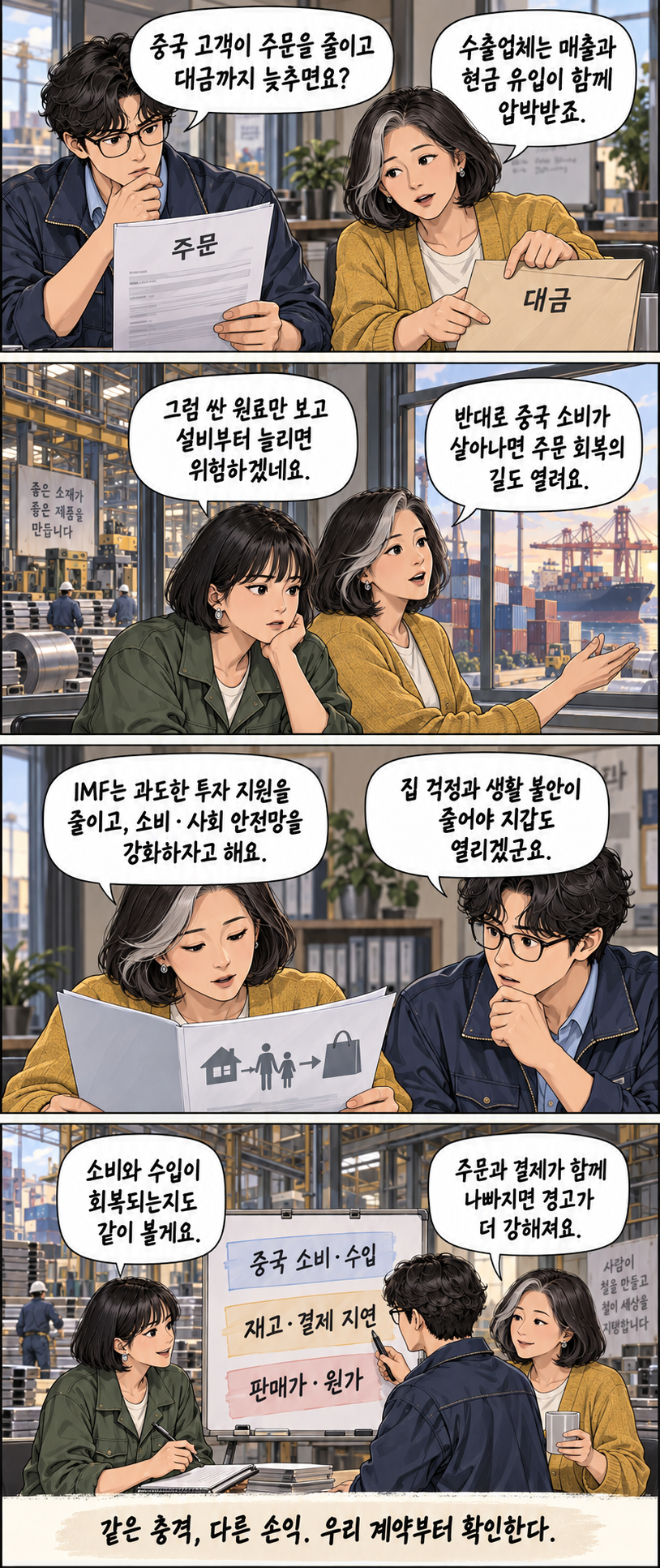 A fictional scenario examines how fewer orders and delayed payments from Chinese customers could squeeze both revenue and cash flow. Four panels also explore how a recovery in consumption might support orders and the IMF's recommendation to strengthen social protection, ending with a call to examine Chinese consumption and imports, inventories and payment delays, and selling prices and costs together.