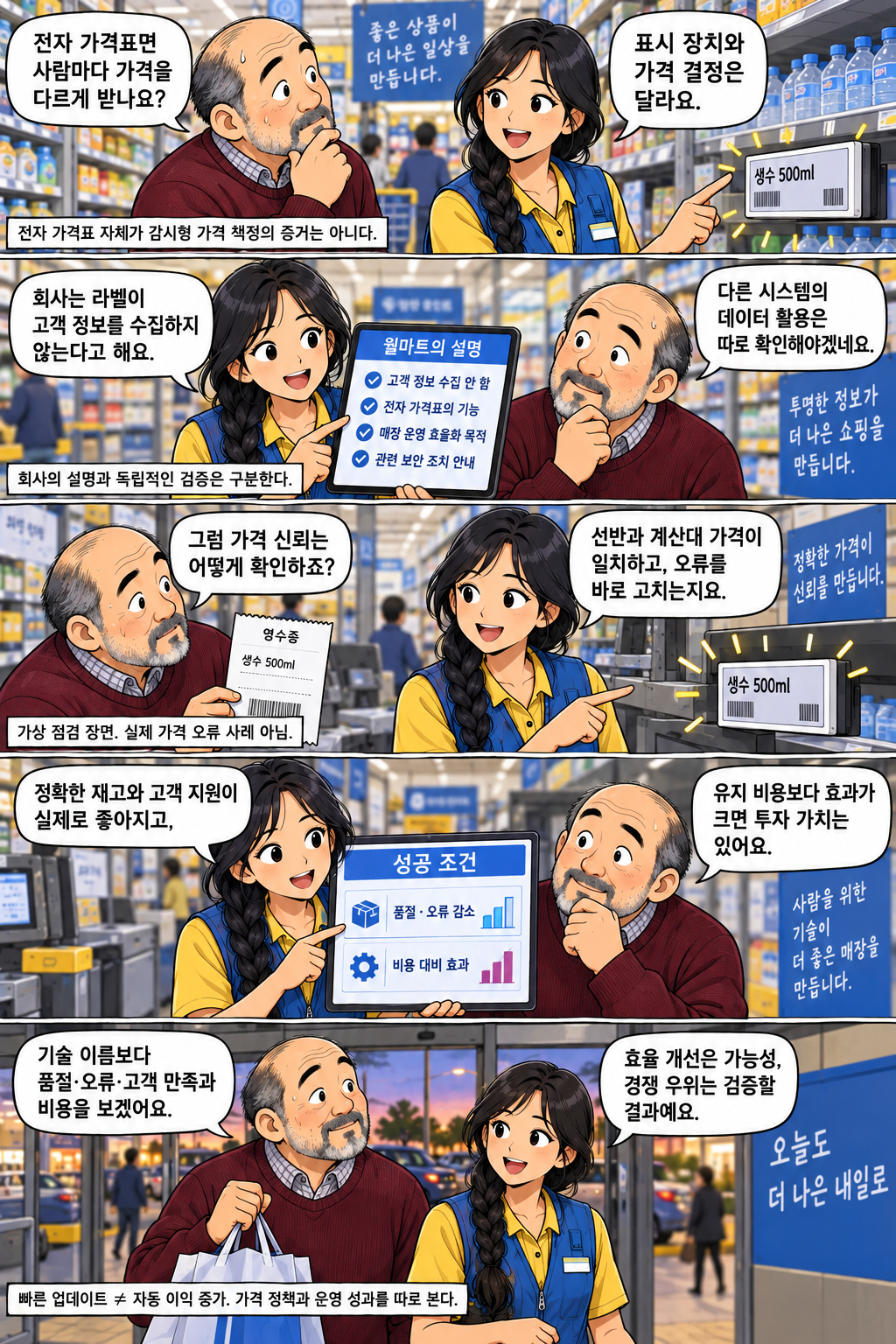 Five panels distinguishing electronic shelf labels from personalized pricing, explaining company statements versus verification, checkout price consistency, success conditions, and performance checks.