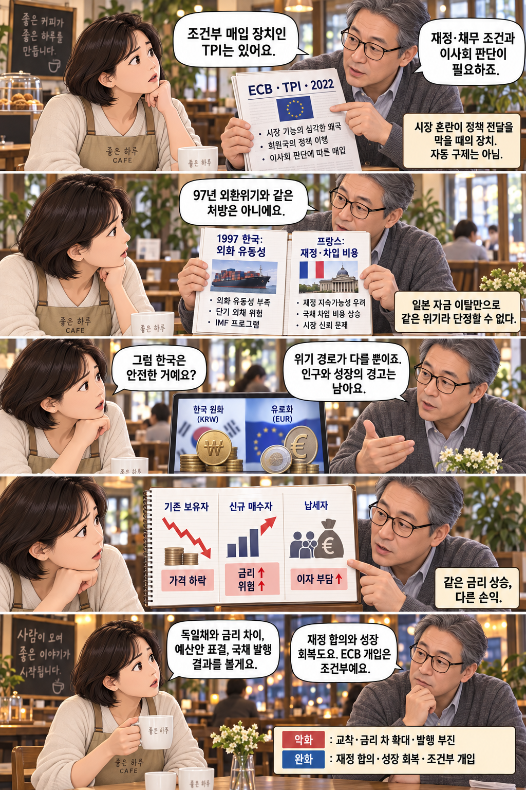 Five panels using fictional dialogue to examine the ECB’s conditional purchase mechanism, limits of the comparison with Korea in 1997, differences in monetary sovereignty, stakeholder gains and losses, and conditions to check. Dialogue is available as text.