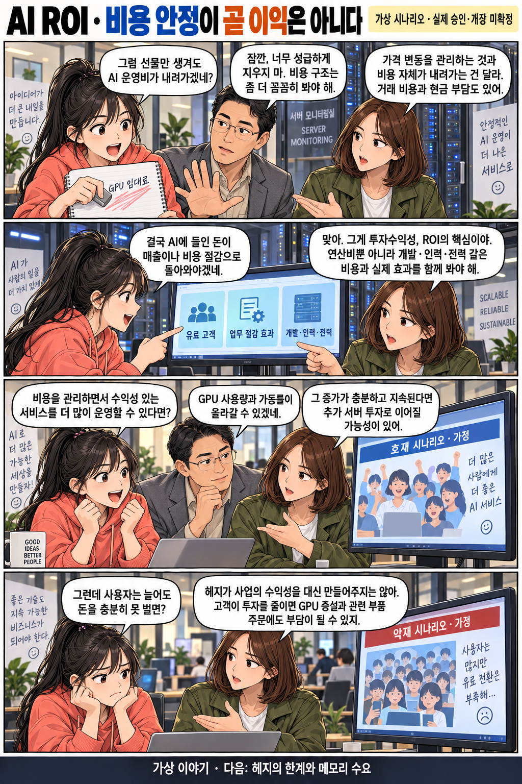 Four frames show the same characters talking over budgets and service dashboards. Their questions and reactions distinguish hedging from a cost discount, explain AI ROI, examine when profitable usage growth could lead to server investment, and contrast a scenario in which insufficient revenue restrains investment. No invented figures or actual future results are shown.