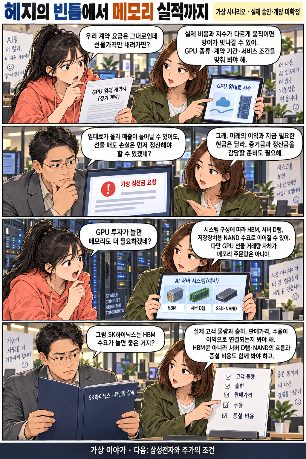 Four frames center on Harin's long-term rental contract, Minseok's imaginary settlement-payment notification, and Jiwoo's server illustration. The same characters discuss differences between an index and actual contracts, cash needed before revenues arrive, conditions for HBM, server DRAM and NAND demand, and SK hynix shipments, prices, yields and expansion costs. They do not assert specific supply agreements or future profits.