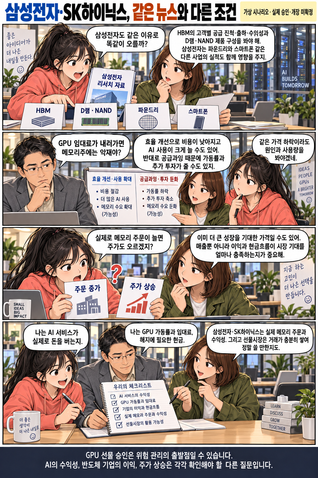 Four frames show the same characters with cards representing Samsung Electronics' businesses, two contrasting causes of falling rental rates, a question mark between orders and share prices, and a checklist. They examine conditions for Samsung Electronics and SK hynix earnings and separately check AI ROI, utilization, memory profitability and futures-market liquidity, avoiding the conclusion that all related shares will rise.