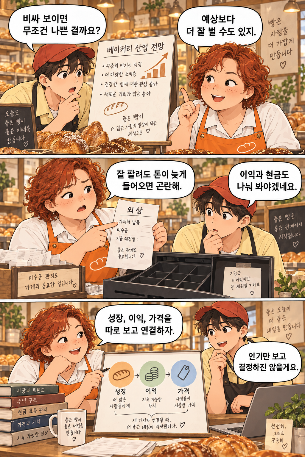빵집 사장과 견습 직원이 성장과 현금 흐름을 구분하는 이야기, 후반 3컷. 실존 인물이나 사건을 재현한 것이 아닙니다.