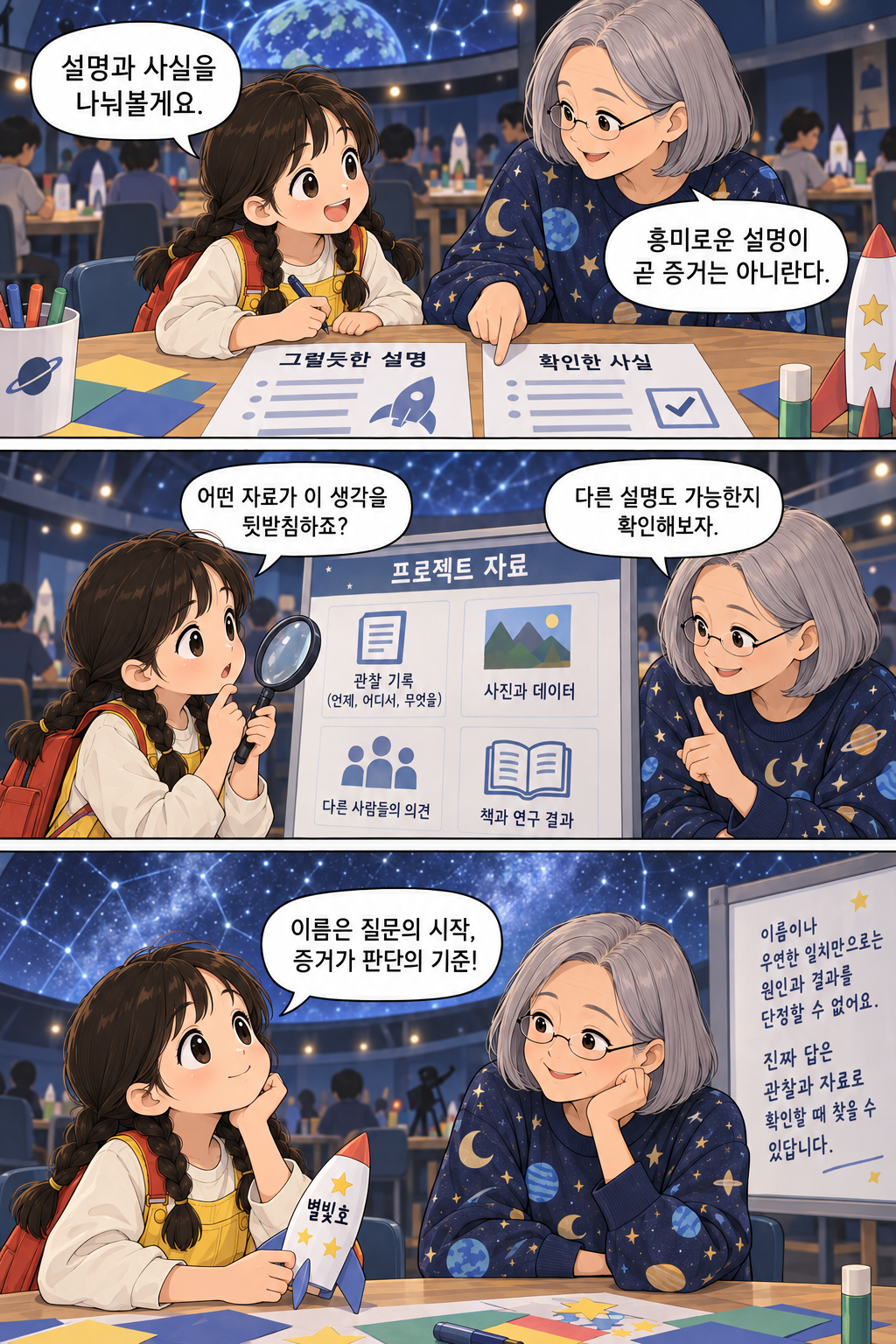 천문관에서 어린이와 교사가 이름과 증거를 구분하는 이야기, 후반 3컷. 실존 인물이나 사건을 재현한 것이 아닙니다.