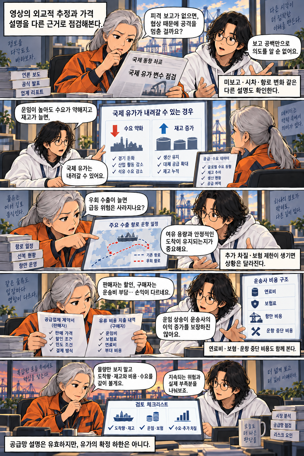 Five panels comparing why absent reports cannot establish diplomatic intentions, changing demand and inventories, limits of alternative routes, stakeholder outcomes, and indicators to check.