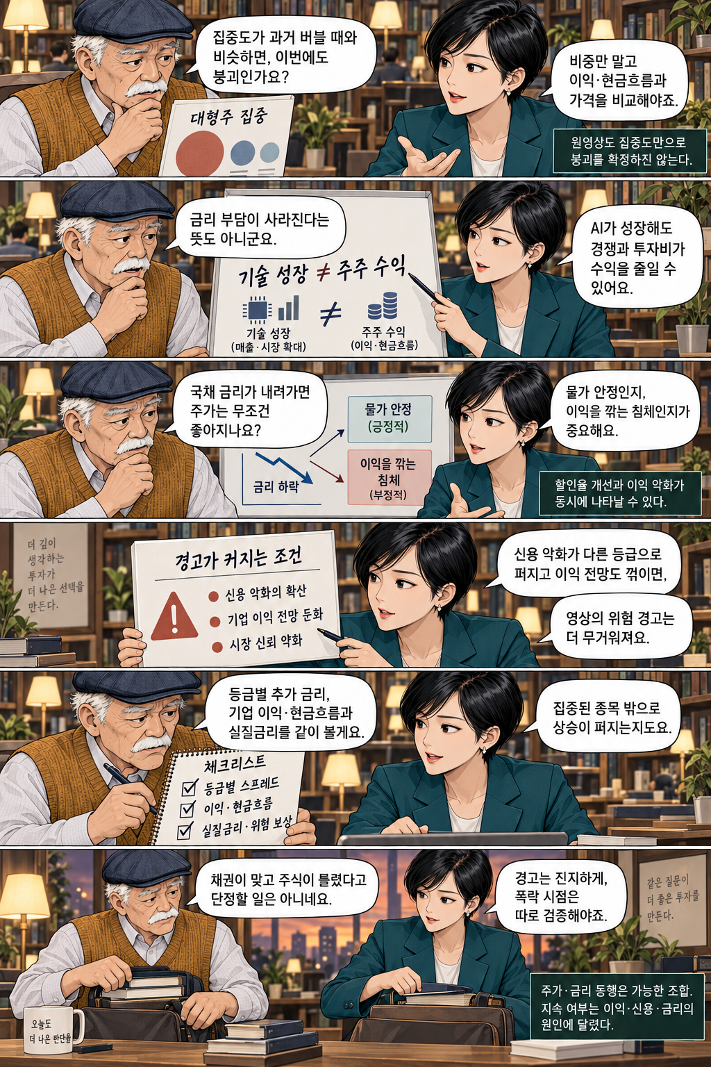 Six panels explaining limits of market concentration, technology growth versus investment returns, different reasons for falling rates, conditions that strengthen credit warnings, and indicators to check.