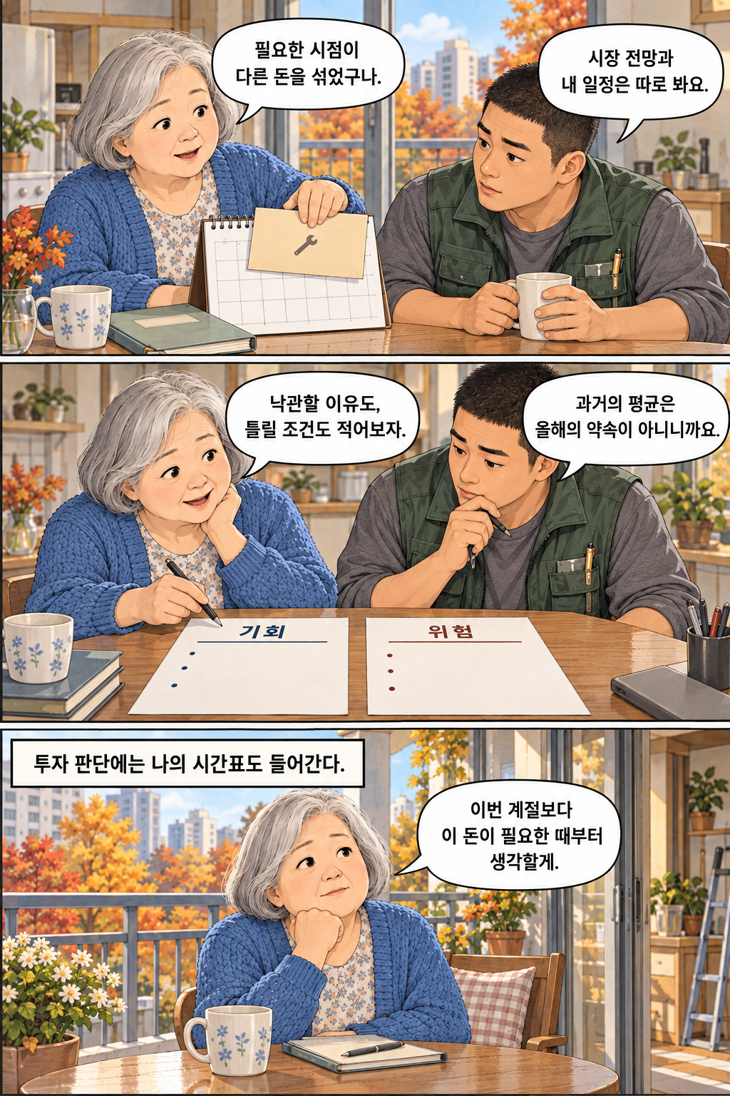 집수리 비용을 모아둔 은퇴자와 목수 아들이 계절 전망을 고민하는 이야기, 후반 3컷. 실존 인물이나 사건을 재현한 것이 아닙니다.