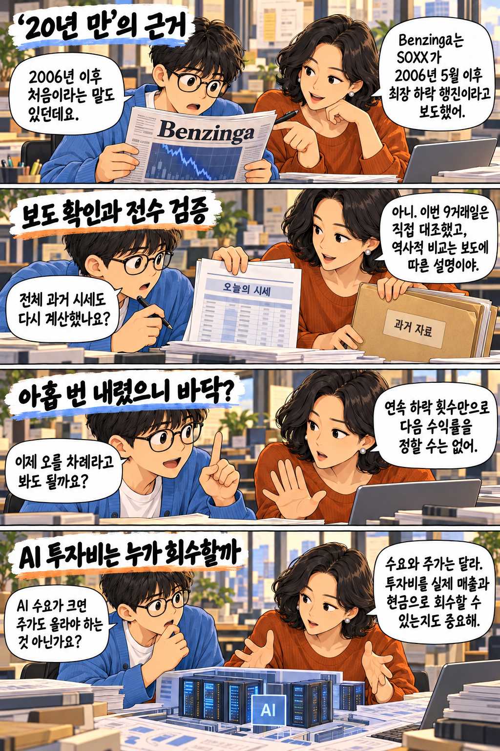 같은 편집용 캐릭터가 보도와 과거 자료 폴더를 구분해 보는 네 컷. 역사적 기록은 Benzinga 보도에 귀속하고 직접 전수 검증하지 않은 한계를 밝힌다. 연속 하락을 반등 보장으로 해석하지 않으며 AI 투자 회수와 주가를 구분한다.