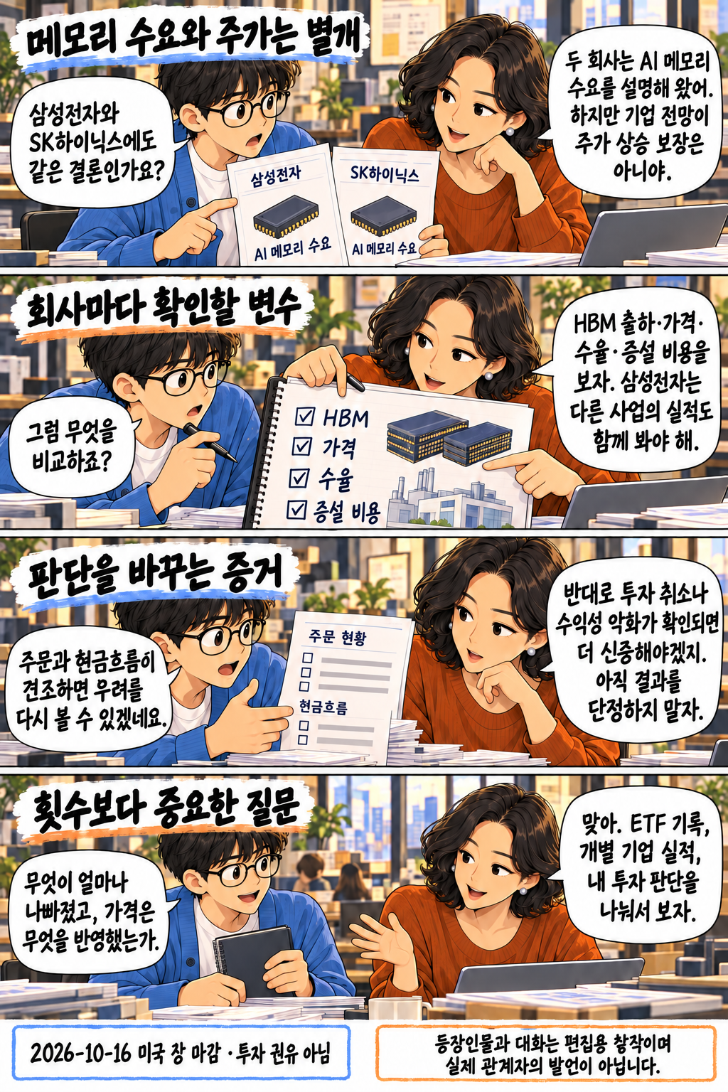 같은 두 편집용 캐릭터가 AI 메모리 수요 자료와 검토 목록을 살펴보는 네 컷. 삼성전자·SK하이닉스의 수요 전망과 주가를 구분하고 HBM 출하·가격·수율·증설 비용 및 주문·현금흐름을 확인할 조건으로 제시한다. 그림의 문서는 실제 시세 차트가 아니다.