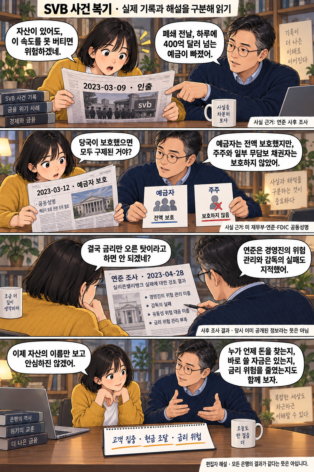 In four frames, the same editorial guide characters discuss actual deposit withdrawal records, different protection for depositors and shareholders, the Fed's retrospective review, and questions for assessing bank risk. They distinguish records from editorial interpretation and do not assume that every bank has the same outcome. These are not actual conversations by bank representatives or photographs of the events.
